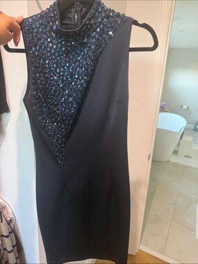Armani Exchange Dark Navy One-Shoulder Dress with Beaded High Neck